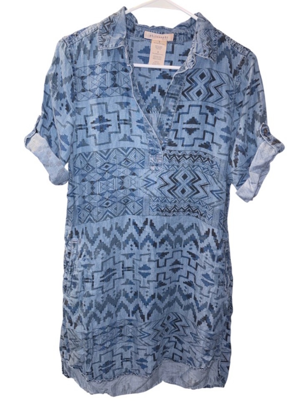 Philosophy Aztec Print Chambray Shift Dress/ Tunic 100% Tencel